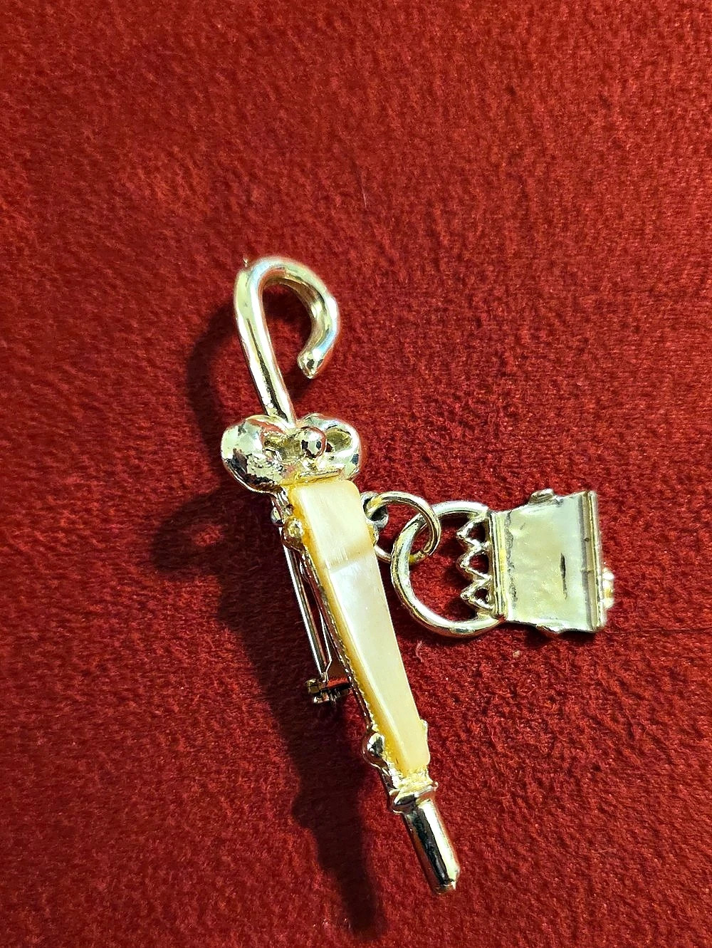 Vintage Gold-tone Mother-of-pearl Umbrella and Purse Charm Brooch